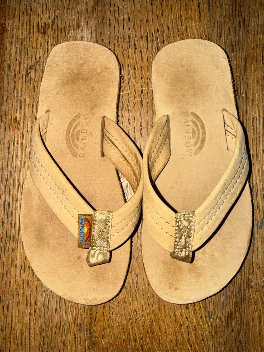 Rainbow Beige Leather Flip Flops kids sandals youth size 11/12